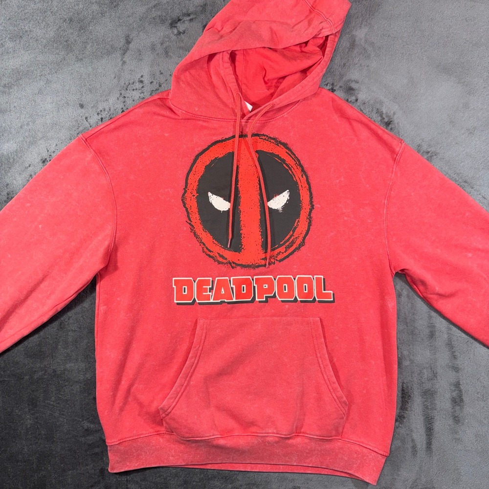 Marvel Deadpool Graphic Hoodie Red Mineral Wash Large Pullover Sweatshirt